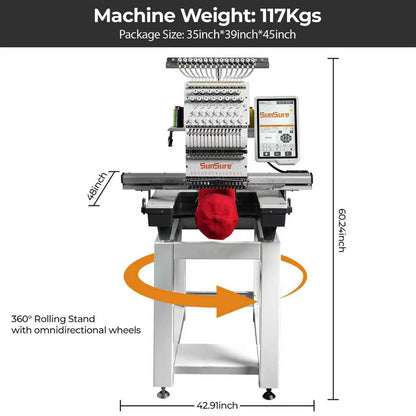 SUNSURE 15-Needle Super Silent Commercial Embroidery Machine, 24″ x 16″ Large Embroidery Area, 1200 SPM Speed, 12 inch Touchscreen, 3D&2D Cap,flat System Included, Pattern Free Design Support