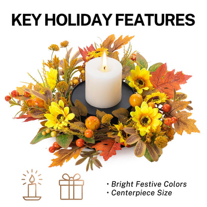 MOYEE Autumn Candle Holder Centerpieces for Tables,Candle Ring, Black Metal Candlestick with an Artificial Wreath 14 in Versatile Dining Table Centrepiece (Yellow Sunflower Wreath)