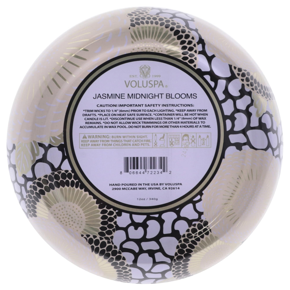 Voluspa Jasmine Midnight Blooms Candle, 3 Wick Tin Candle Jar, 12oz, 40 Hour Burn Time, Coconut Wax Candle for The Home, Poured in the USA
