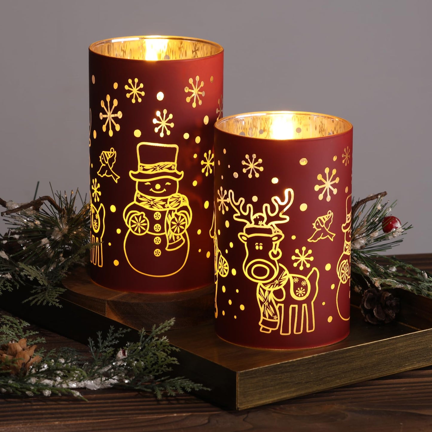 Eywamage Red Glass Flameless Pillar Candles with Remote, Flickering Snowman Deer LED Battery Candles Set of 2