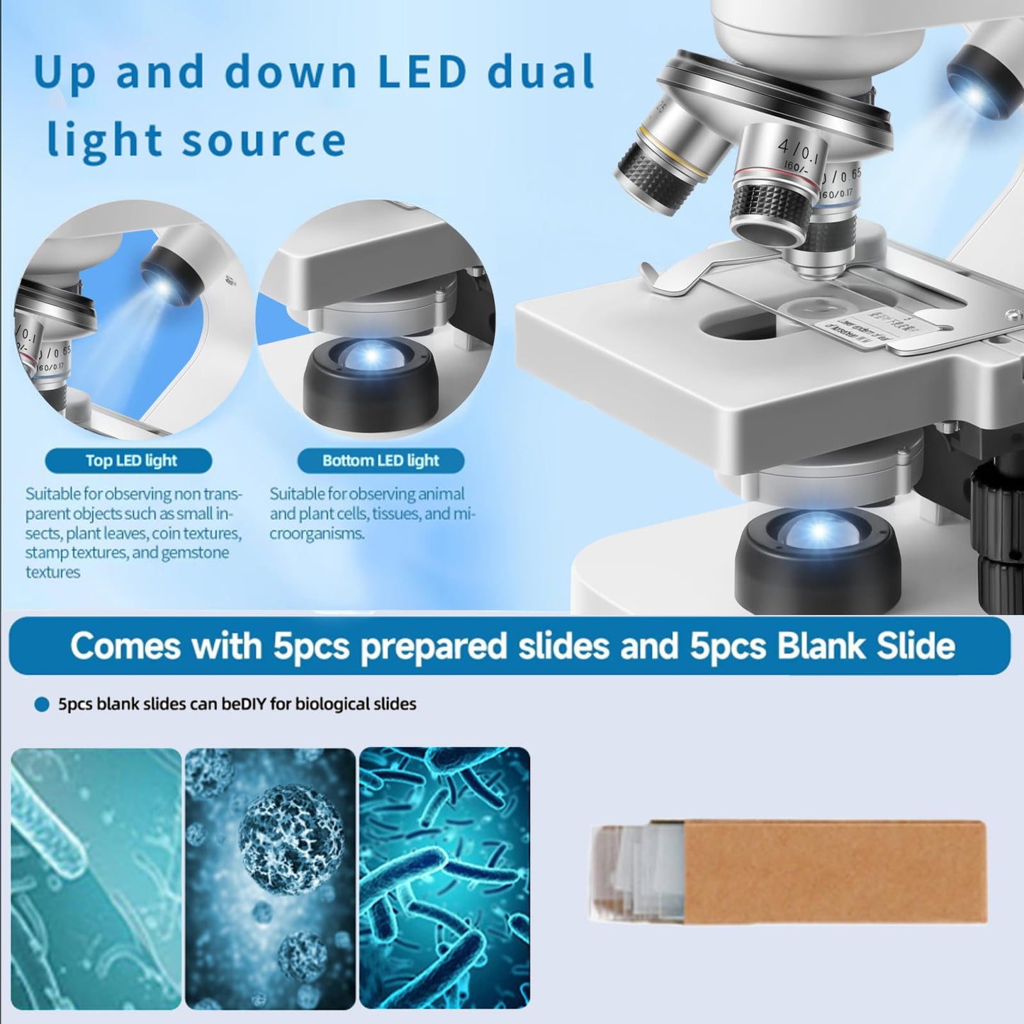 Trinocular Microscope 40x-2000x Magnification Double-Layer Stage with LED Lights on top and Bottom, Thick and Thin Dual Focusing knobs, Professional Biological Microscope (WiFi Electronic Eyepiece)