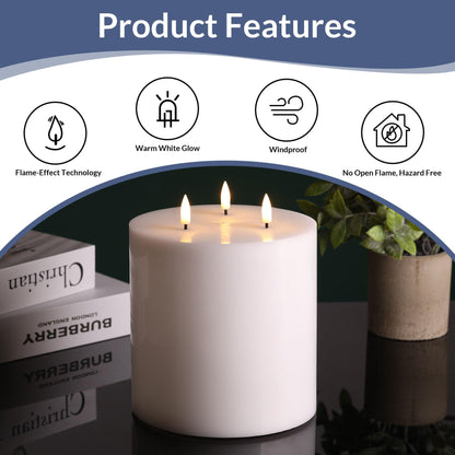 Eywamage White 3 Wick Flameless Pillar Candle Φ 6" H 6", Giant Real Wax Flickering LED Candle with Remote