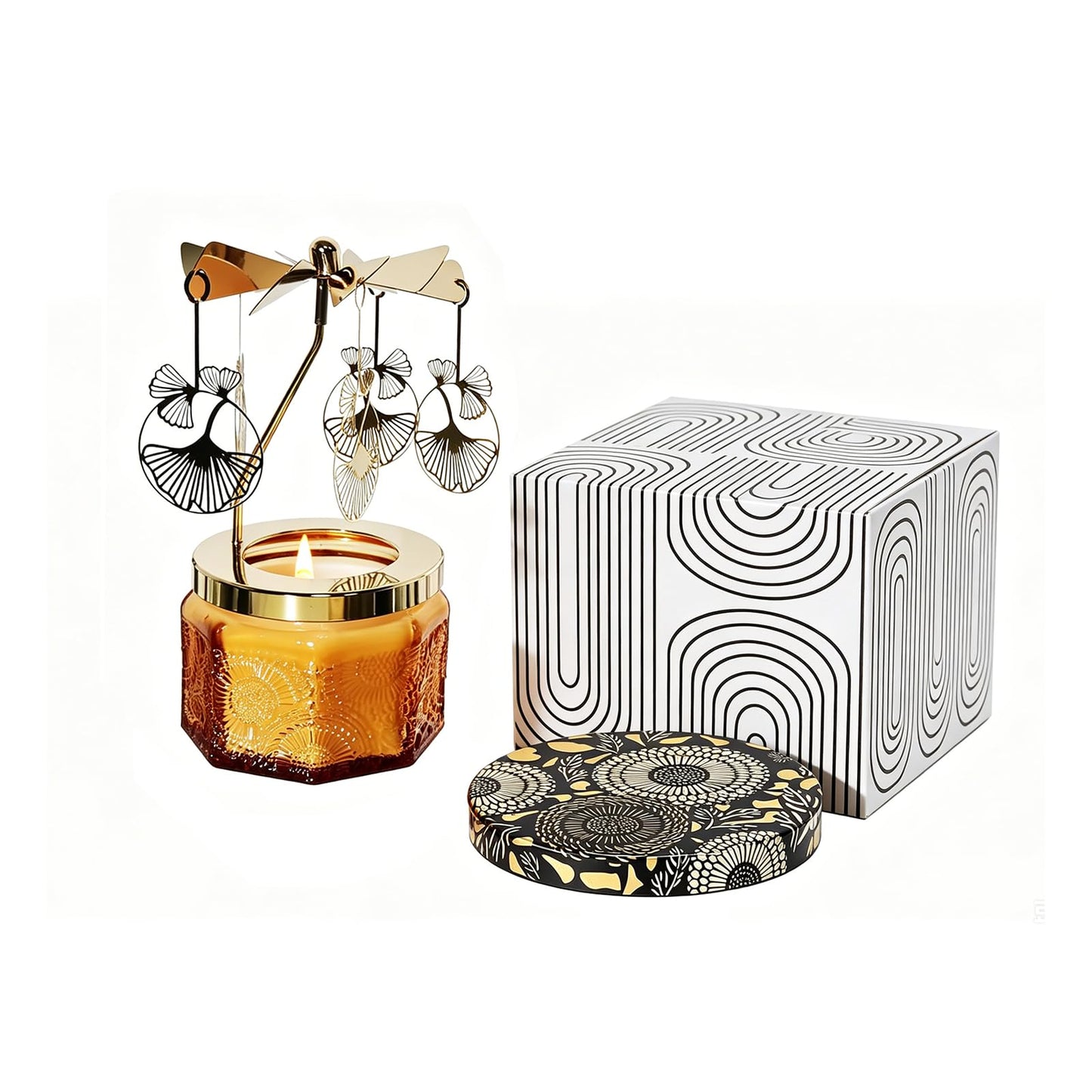 kingnero Lavender Scented Candle Carousel Rotary Candle Holder Spinning Tea Light Birthday Gifts for Women, Mom, Wife, Girlfriend, Sister, Female Friends, (Gold Ginkgo Leaf)