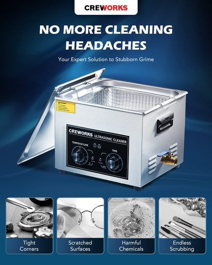 CREWORKS 15L Ultrasonic Cleaner with Knob, Total 760W Professional Industrial Auto Cleaning Machine for Carburetor Repairing Tools Parts Instrument, 40kHz Digital Sonic Cavitation Cleaner with Heater