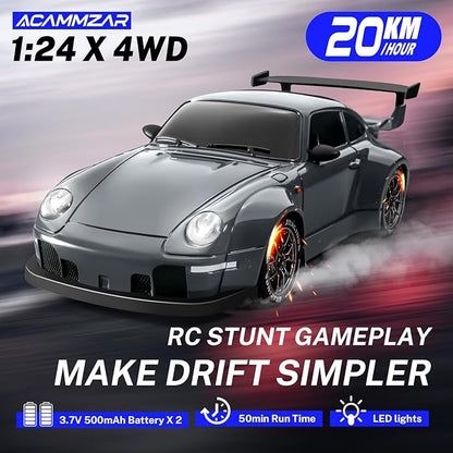 ACAMMZAR RC Drift Car 1:24 Remote Control Car for Kids 20KM/H 4WD High Speed RC Cars with LED Lights Two Batteries Extra Drifting Tires Vehicle for Adults Boys Girls
