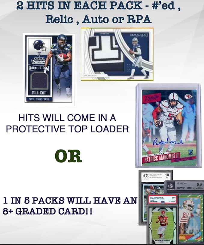 Football Mystery Hot Pack - 25+ Cards - 2 Hits or Graded Guaranteed - #'ed Relic Auto PSA or BGS 8+ 10 Legends HOF Rookies Inserts Color Parallel SP or Top Player