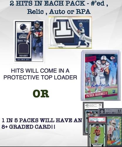 Football Mystery Hot Pack - 25+ Cards - 2 Hits or Graded Guaranteed - #'ed Relic Auto PSA or BGS 8+ 10 Legends HOF Rookies Inserts Color Parallel SP or Top Player