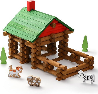 SainSmart Jr. 110 PCS Wooden Log Cabin Set Building House Toy for Toddlers Classic STEM Construction Kit with Colorful Wood Logs Blocks for 3+ Years Old