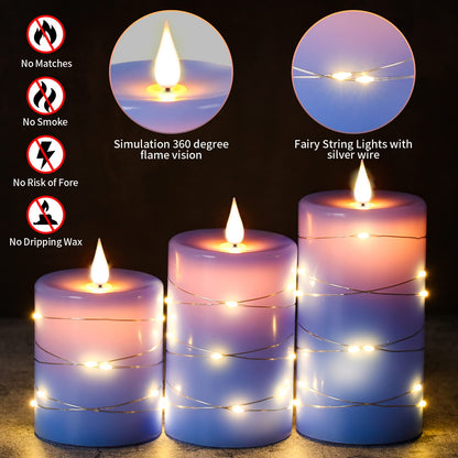 Upinmz Flickering Flameless Candles with Embedded String Lights, Battery Operated Candles with Remote Control and Timer,LED Candles for Home Decoration,Real Wax, 3 Pack Blue