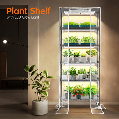 Bstrip Indoor Greenhouse with Grow Light, DIY Plant Shelf with Cover, 6 Tier Plant Stand, 5 Pack 150W Full Spectrum Grow Lights with 3 Color Mode For Indoor Plants, Seed Starting, 29.5"L×13.8"W×71"H