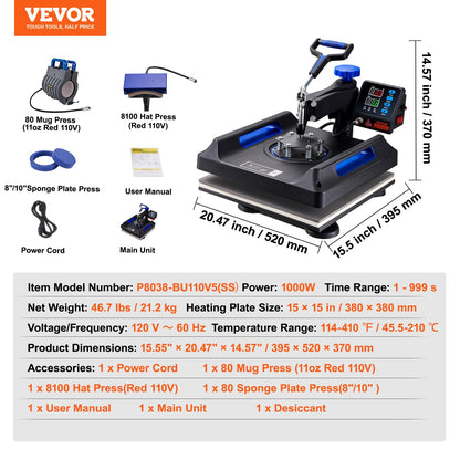 VEVOR Heat Press, Upgrade 5 in 1 Heat Press Machine for T-Shirt Hat Cap Mug Plate Sublimation, 15x15 inch Anti-Scald Fast Swing Away Digital Control Multifunction, Blue