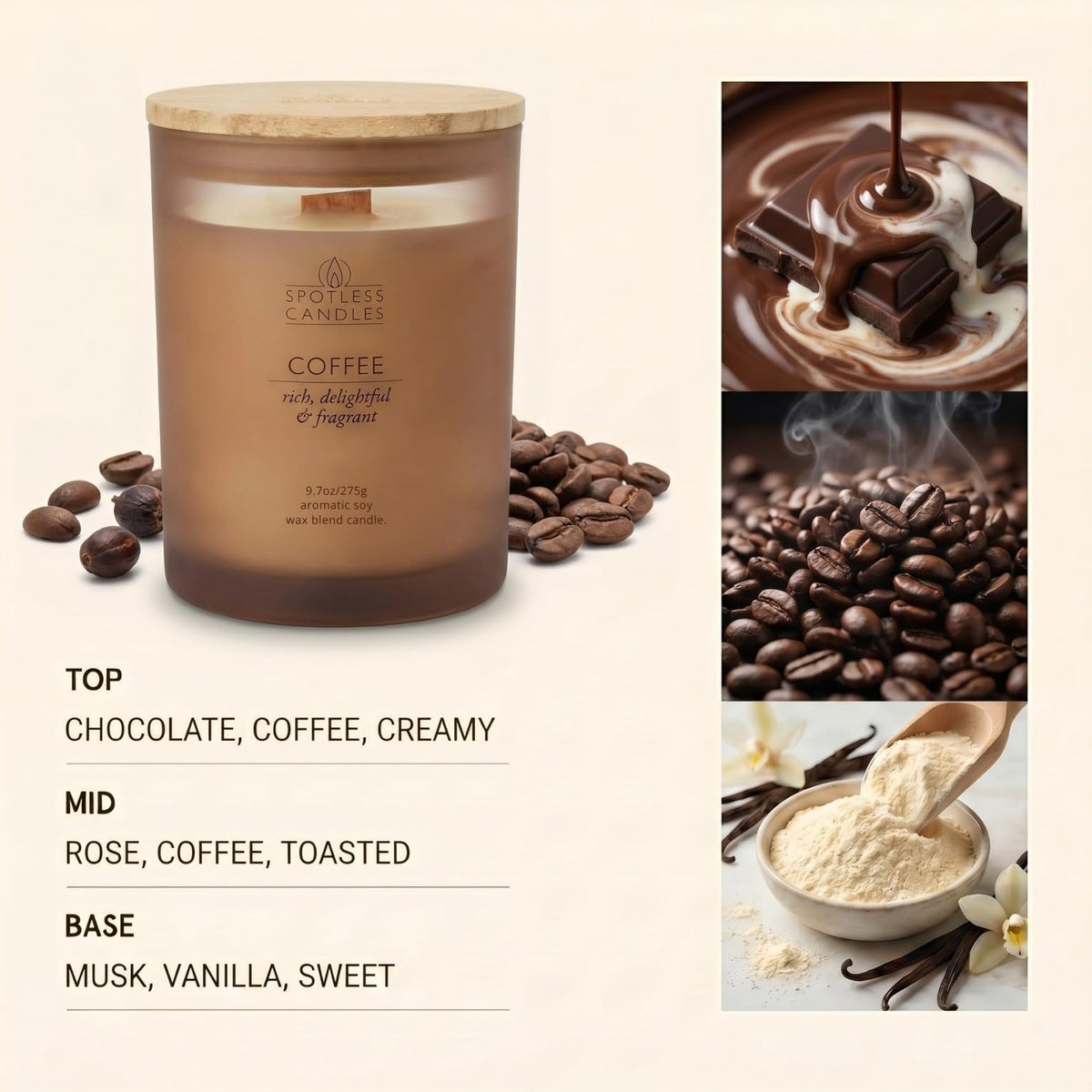 Coffee Candle; 9.7oz, 55 Hrs Burn Time, Soy Wax Brown Frosted Jar with Crackling Wooden Wick & Luxury Gift Box with Gold Foil Strip: Coffee Scented Candle by Spotless Candles