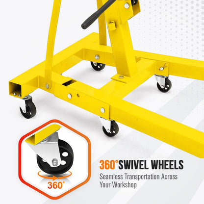 4400 Lbs Folding Hydraulic Engine Hoist, 2 Ton Portable Cherry Picker with 6 Wheels & Telescopic Boom, Foldable Engine Shop Crane Lift for Home Garage, Workshop, Warehouse, Yellow, Heavy-Duty