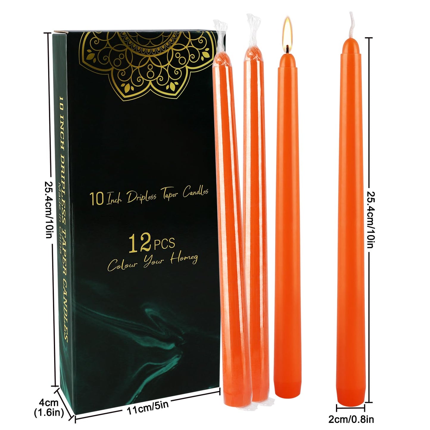 10 Inch Orange Slender Taper Candles Set - 12 Pcs Dripless, Smokeless with Cotton Wick, Ideal for Halloween,Thanksgiving,Dinner, Weddings & Home Decor.