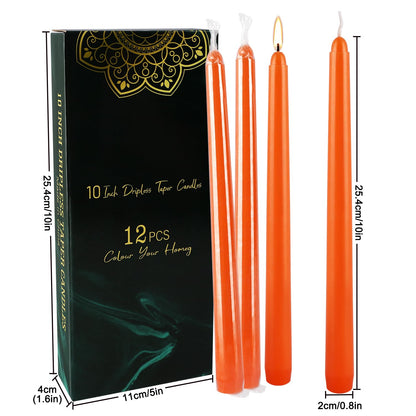 10 Inch Orange Slender Taper Candles Set - 12 Pcs Dripless, Smokeless with Cotton Wick, Ideal for Halloween,Thanksgiving,Dinner, Weddings & Home Decor.