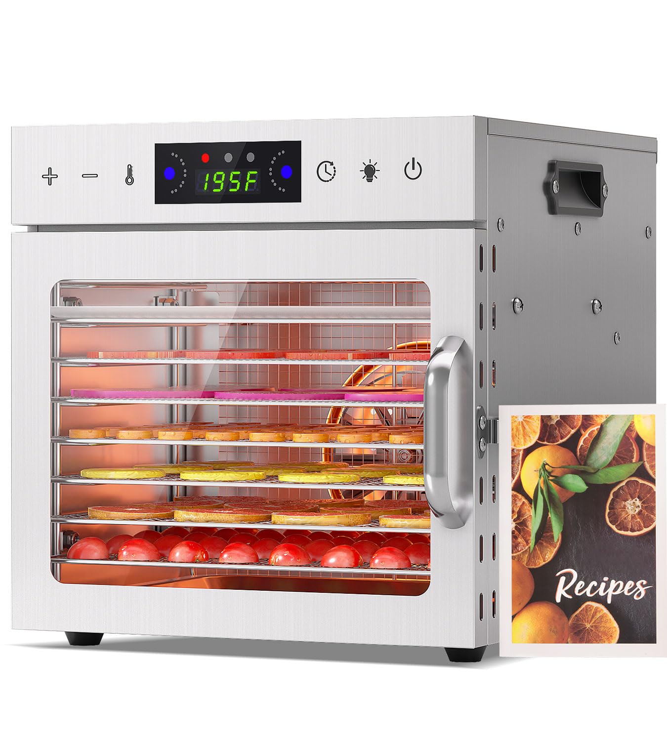 HOPERAN Food Dehydrator Machine with 8 Stainless Steel Trays – Digital Timer & Adjustable Temp Control for Jerky, Herbs, Fruits | Overheat Protection, BPA-Free, Includes Recipe Book