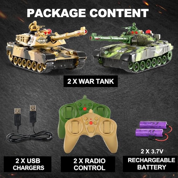 Haktoys 2-Pack RC Battle Tank Set – 1:24 Scale Remote Control Military Fighting Tanks with Lights Realistic Sounds &amp Life Indicators | Radio Control Army Toy for Kids &amp Adults