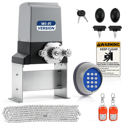 Hanchen WiFi App, Remote, & Keypad Controls – 5300lb Heavy Duty Sliding Gate Opener, AC Powered No Solar Needed, Chain Drive, 1-5/8HP Motor, IR Sensor Kit for 40ft Gate