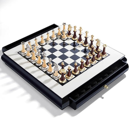AMEROUS 16 Inches Wooden Chess Set Large Size Board with 2 Built-in Storage Drawers - 2 Extra Queens - Metallic &amp Wooden Chess Pieces - Gift Packaging Board Games for Adults and Kids