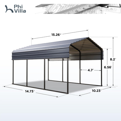 PHI VILLA 10x15 ft Carport, Metal Carports Canopy with Sidewalls Heavy Duty Car Port Portable Garage with Galvanized Steel Roof Multi-Use Shelter, Sturdy Car Ports for Cars, Boats and Tractors
