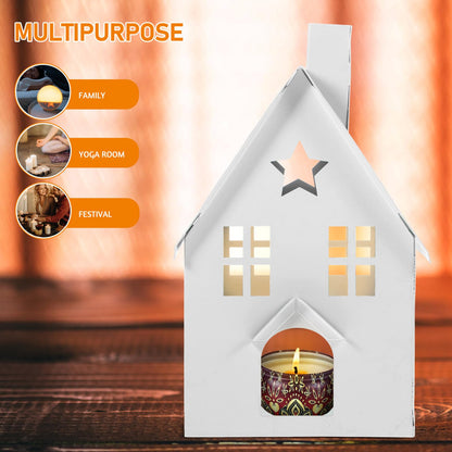 Tea Light Holder White House Shape Candle Holder Rustic Candlestick Tea Light Stand Votive Candle Lantern for Home Christmas Dining Table Decor Farmhouse Galvanized Candle Holder