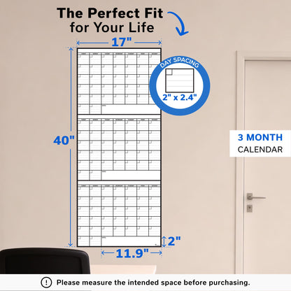 3 Month Dry Erase Calendar for Wall 40x17, Large Three Monthly Reusable Planner, Big Dry Office Erase, Rolled Whiteboard White Board, Classroom Calendar Undated Giant for Wall Erasable Family