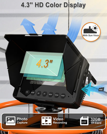 Sewer Camera, IP68 Drain Sewer Pipe Endoscope Camera 4.3" Screen with 32GB DVR,Borescopes Plumbing 8500mah Battery DVR Video Recording for Plumber (Camera 18MM)