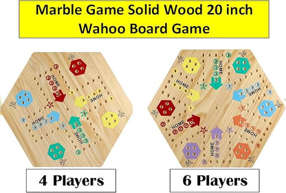 Wooden Wahoo Marble Board Game (20 INCH) Double-Sided for 2-6 Players with 24 Marbles and 6 dice. Also Includes Ring Toss Wooden Hook and Ring Gameand Premium Playing Cards.