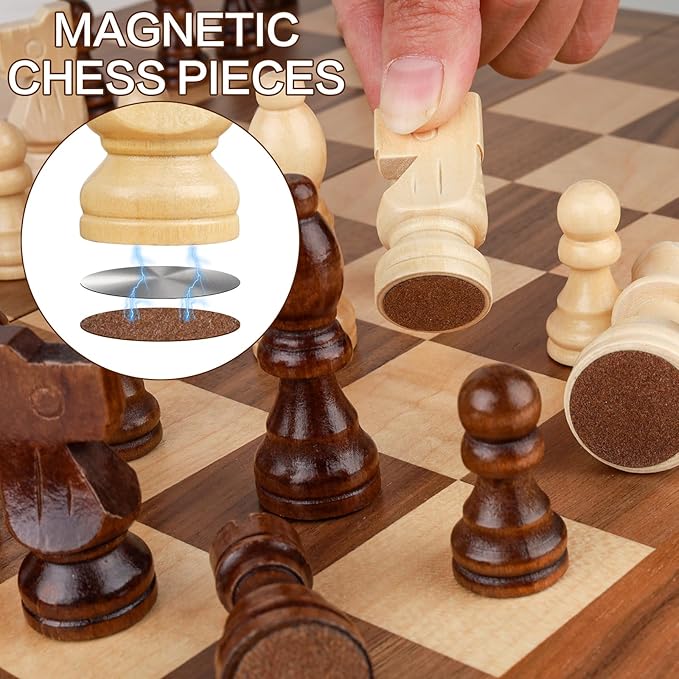 15 Inch Magnetic Wooden Chess Game Set Classic Folding Board Games with Felted Game Board Interior for Storage 2 Extra Queens Pieces Storage Slots