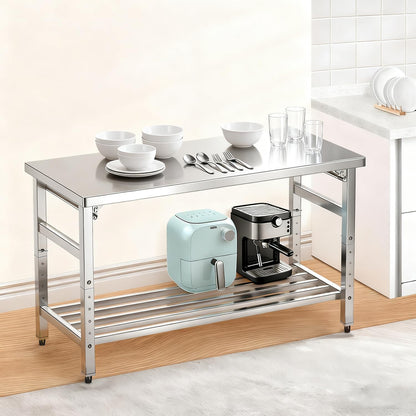 Mioleu Commercial Foldable Heavy Duty Stainless Steel Table, 36 x 24 Inches Metal Prep & Work Desk with Adjustable UnderShelf and Feet for Kitchen Restaurant Home Garage Warehouse