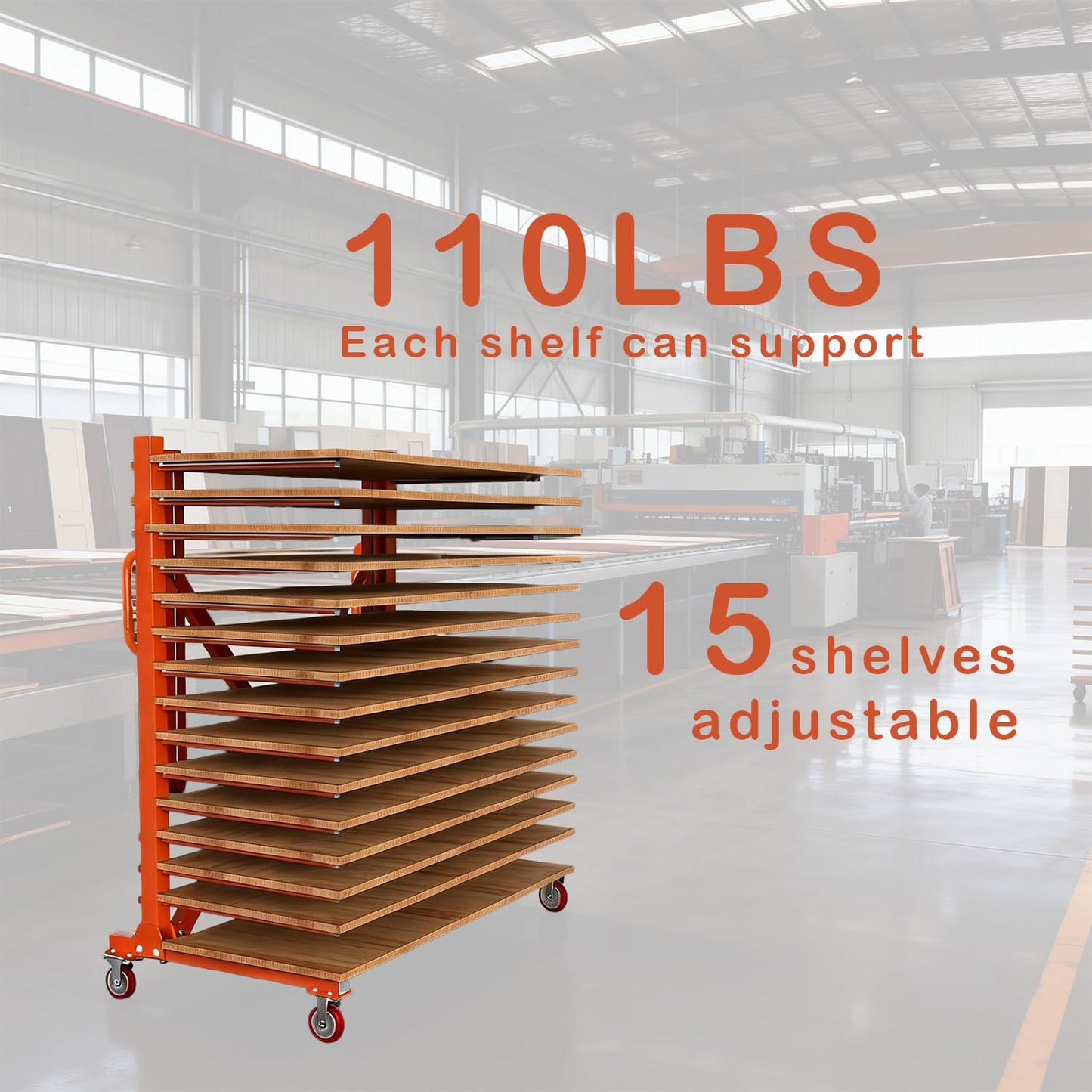 GONGJIANG Adjustable 15-Shelf Paint Drying Rack with Casters, 12"-58" Width, 110 lbs Capacity Per Tier, Space-Saving Metal Storage Rack for Cabinet Doors, Art Panels, Workshop