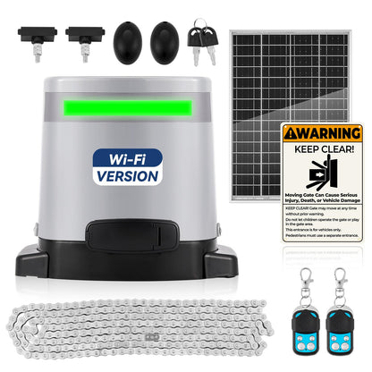 1300lbs Solar Sliding Gate Opener Chain Drive with Built-in Backup Battery, WiFi Remote Control, IR Sensor, Automatic Gate Motor for Heavy Driveway Slide Gates, Off-Grid Operation with Solar Panel