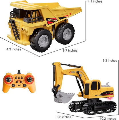 RC Excavator and Dump Truck Toy Set for Kids - 11 Channel Remote Control Construction Vehicle with Lights and Sounds Music 2.4Ghz Rechargable Digger Car Gifts for Boys Kids Ages 6-8