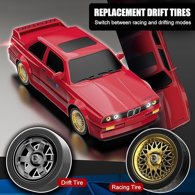 RC Drift Car for Kids Adults 1:16 Scale 2.4Ghz 4WD High Speed RTR Racing Car 30KM/H with Led Lights Remote Control Vehicle Sport Toy Gifts for Girls Boys Two Batteries and Drift Tire Included