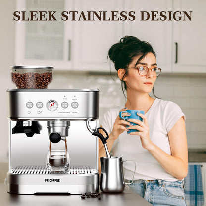 Fricoffee Espresso Machine with Grinder Espresso Maker Stainless Steel with Milk Frother Cappuccino Machine Semi Automatic Espresso Machine