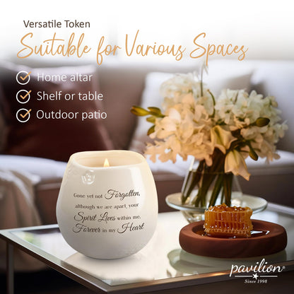Pavilion - 8 Oz Candle Holder - White Ceramic Candle Jar with 100% Soy Wax Candle Tranquility Scent Gone Yet Not Forgotten Ideal Remembrance Gift for Love One Who Passed - Printed Text & Love Theme