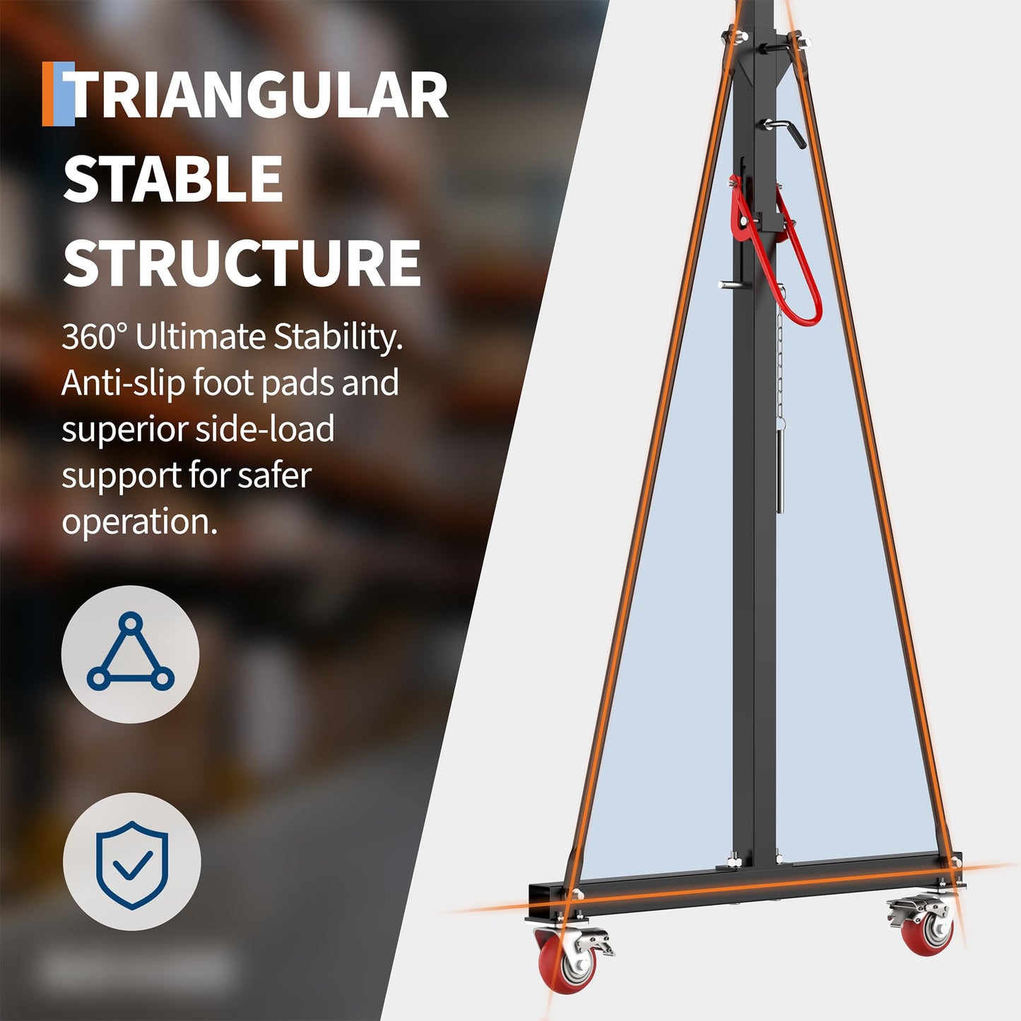 Adjustable Gantry Crane 1 Ton (2200 LBS) with Manual Trolley, Hook and Sling Strap, 12 Locking Positions (97" to 141") with Triangle Base, Portable I-Beam Hoist for Factory, Warehouse, Auto Repair