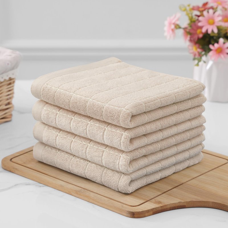 Homaxy 100% Cotton Terry Kitchen Towels(Beige, 13 x 28 inches), Checkered Designed, Soft and Super Absorbent Dish Towels, 6 Pack