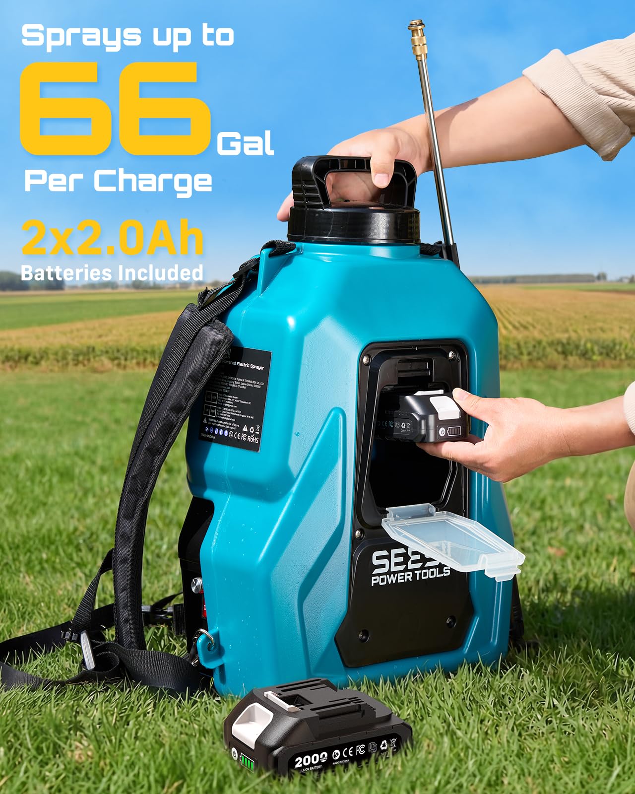 SEESII Backpack Sprayer Battery Powered, Leak-Proof 5-Gallon, Dual Battery Electric Sprayer with Telescopic Brass Wand & 7 Nozzles, 100 PSI Adjustable Pressure for Weed Lawn Garden Pest Control