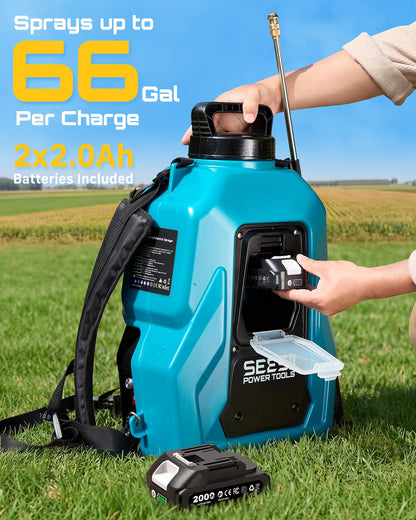 SEESII Backpack Sprayer Battery Powered, Leak-Proof 5-Gallon, Dual Battery Electric Sprayer with Telescopic Brass Wand & 7 Nozzles, 100 PSI Adjustable Pressure for Weed Lawn Garden Pest Control