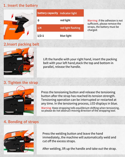 BAOSHISHAN Electric Strapping Tool for 1/2 in-5/8 in PP PET Straps Automatic Strapping Machine 3000mha Battery Powered for Packaging Strapping Box Pallet Portable Baler (Orange)