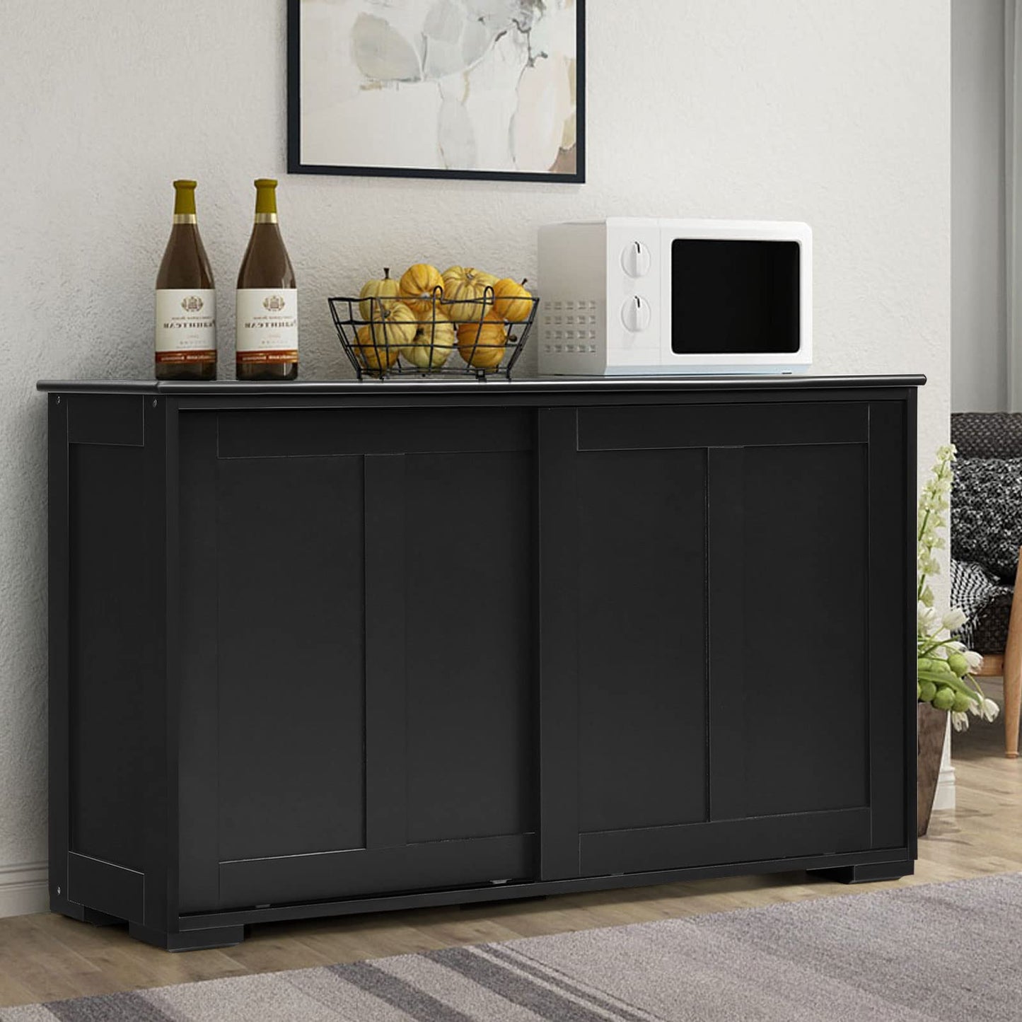 Byroce Buffet Cabinet Sideboard, Wood Storage Credenza Cupboard with Adjustable Shelf & 2 Sliding Doors, Stackable Coffee Bar Cabinet Console Table for Dining Room, Living Room, Kitchen (1, Black)
