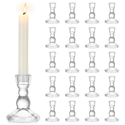Inweder Glass Taper Candle Holders - Cute Candlestick Holders, 20Pcs Clear Candle Stick Candle Holder, Modern Tapered Candlestick Holders for Standard Candles for Wedding Christmas Home Decor