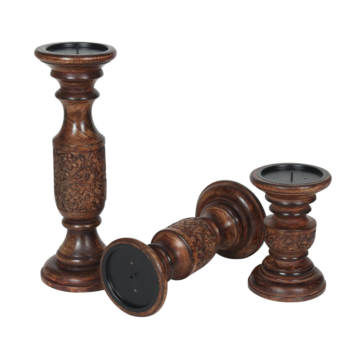 Hand Carved Wooden Pillar Candle Holders - Set of 3 |Carving Decorative Style | Crafted from Mango Wood | Rustic Table Centerpiece Decor | Sized 6", 9" and 12" - Dark Burnt