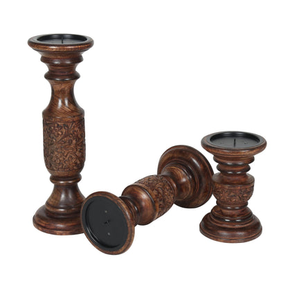 Hand Carved Wooden Pillar Candle Holders - Set of 3 |Carving Decorative Style | Crafted from Mango Wood | Rustic Table Centerpiece Decor | Sized 6", 9" and 12" - Dark Burnt