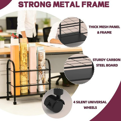 Blueprint Storage Holder with Wheels - 12-Slot Metal Roll File Rack with Silent Casters for Easy Mobility (Black)