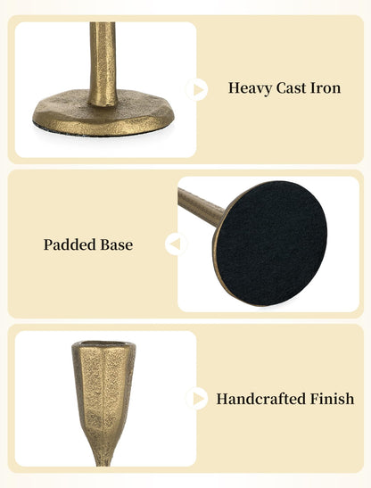 Romadedi Gold Candlestick Candle Holder - Cast Iron Taper Candle Stick Holders Brass Antique Decor Tapered for Wedding Dining Table Christmas Mantel Home Decoration Set of 3