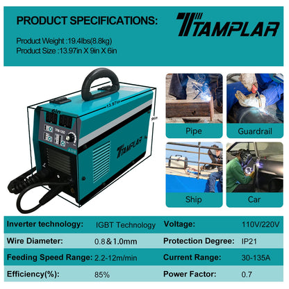 TTAMPLAR MIG Welder - 135AMP 110V&220V Dual Voltage 4 in 1 Flux MIG/Solid Wire/Stick ARC/Lift TIG Gas/Gasless welding, IGBT Inverter Welding Machine TPM-135D