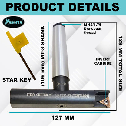 Assorts 5″ Balanced Fly Cutter Indexable Face Milling Cutter with MT-3 Shank (M12 × 1.75 Drawbar), Single TCMT1604 Insert, Torx Screw & Star Key Included