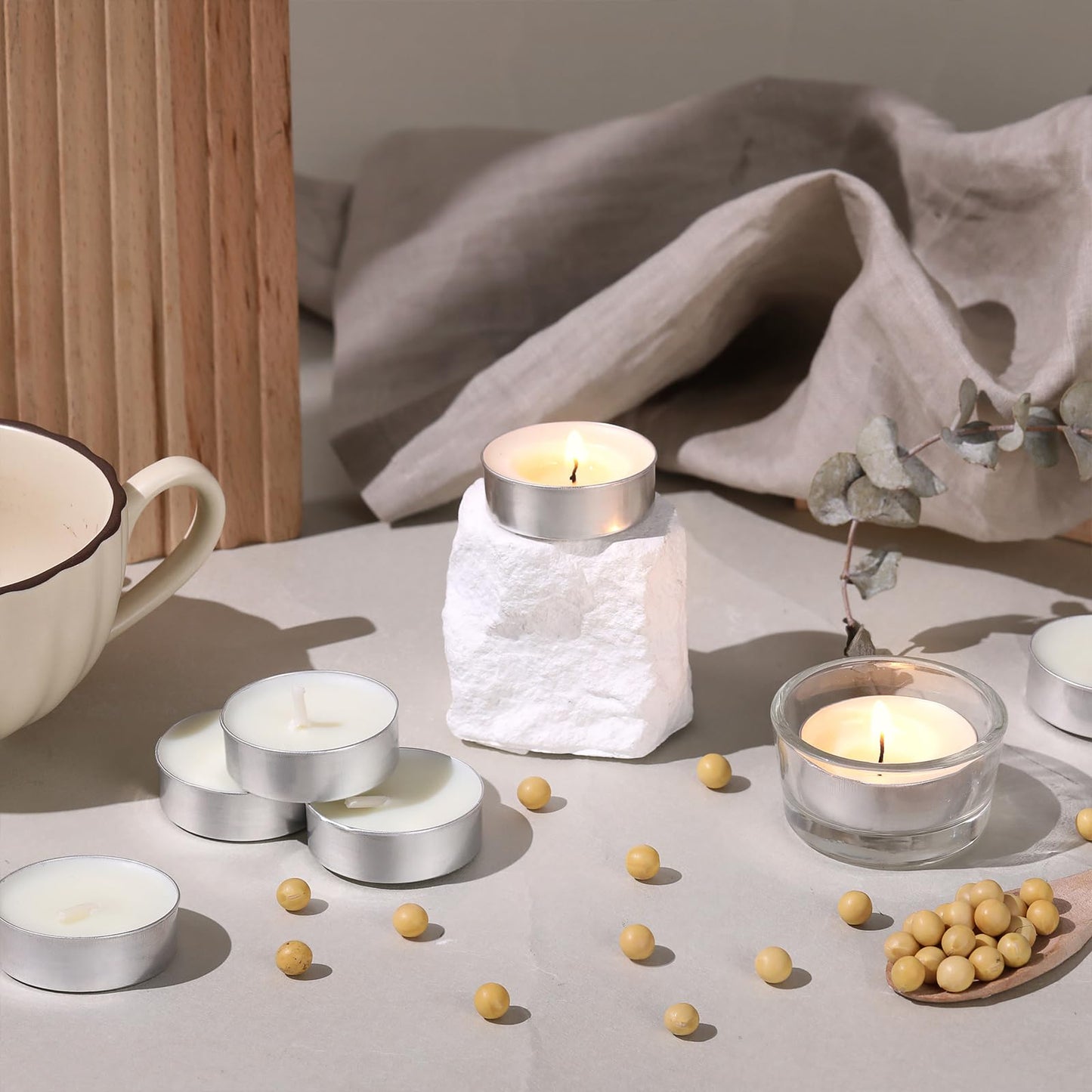 Soy Tea Lights Candles 50 Pack, 4 Hours Tealights Candles Bulk Unscented Small Tea Candles - 100% Natural Soy | Long Burning | Smokeless for Emergency, Dinner, Home